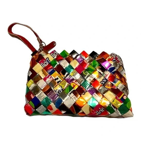 Nahui Ollin candy wrapper wristlet recycled colorful wrappers red zip 7.5 x 4.5” - Picture 3 of 7
